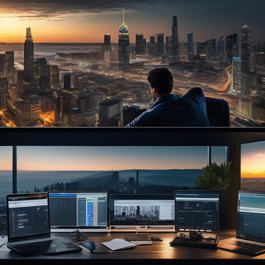 A split-screen image featuring a merchant's dashboard on the left, with rising graph lines and increasing download numbers, and a satisfied student on the right, surrounded by open laptops and notebooks, with a subtle background of a cityscape at dusk.