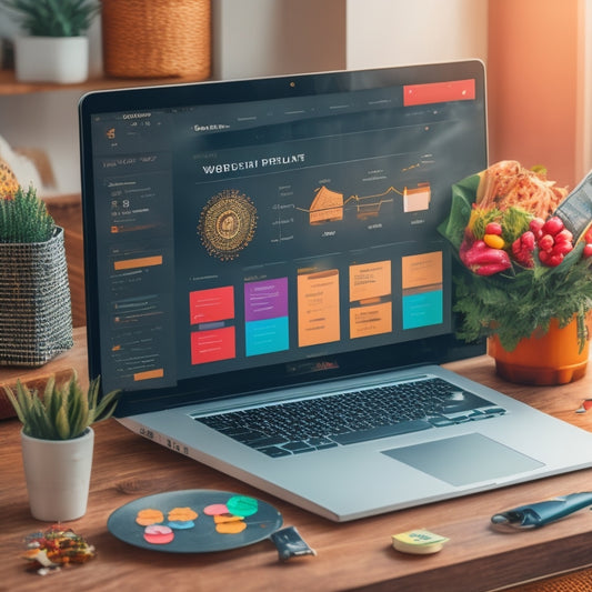 A stylized illustration of a WordPress dashboard merged with a storefront, featuring a laptop and shopping cart overflowing with products, surrounded by rising graphs and confetti.