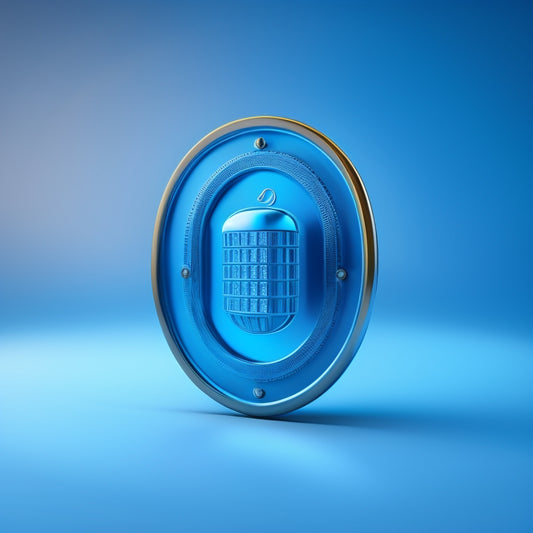 A shield emblem with a shopping cart at its center, surrounded by a circle of interconnected locks, set against a gradient blue background evoking trust and security.