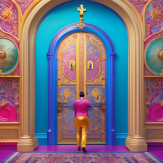 An illustration of a person standing in front of a large, ornate keyhole, with a golden key in hand, unlocking a door that reveals a bright, colorful, and busy online shopping landscape.