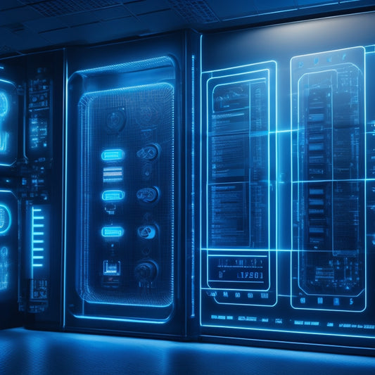 A futuristic, sleek panelboard with glowing blue circuits, surrounded by holographic screens displaying 3D diagrams of electrical systems, against a dark, gradient background with subtle grid patterns.