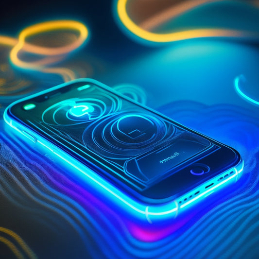 A futuristic, sleek iPhone with a glowing Apple Pay symbol on the screen, surrounded by swirling, shimmering lines and subtle, neon-blue circuitry patterns in the background.