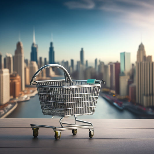 An illustration of a shield encompassing a shopping cart, with a cityscape or business district in the background, featuring a subtle lock and key motif integrated into the shield's design.