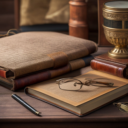 A vintage-style leather-bound book with a worn golden clasp lies open on a rustic wooden desk, surrounded by scattered papers, a pair of reading glasses, and a classic iPad in a DODOcase.