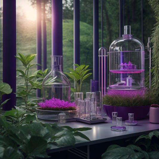 A futuristic laboratory with sleek, silver equipment and gleaming glass beakers, surrounded by lush greenery, with a subtle glow of purple and pink hues, symbolizing innovation and beauty.