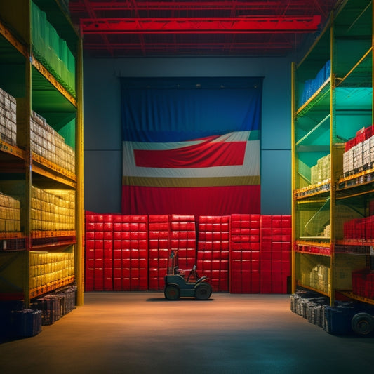 A dimly lit, cramped warehouse with stacks of unmarked boxes and scattered paperwork, a broken forklift in the background, and a red "X" symbol overlaid on a Chinese flag hanging from the ceiling.