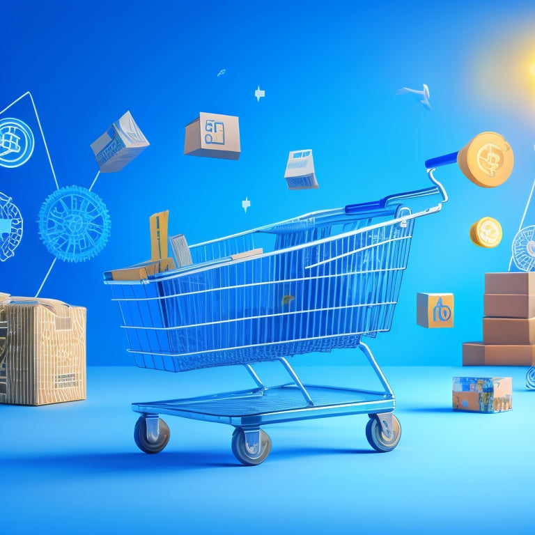 An illustration depicting a growing ecommerce store, with a stylized shopping cart overflowing with packages, surrounded by ascending arrows, graphs, and gears, set against a bright, gradient blue background.