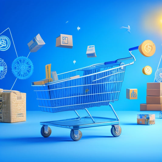 An illustration depicting a growing ecommerce store, with a stylized shopping cart overflowing with packages, surrounded by ascending arrows, graphs, and gears, set against a bright, gradient blue background.