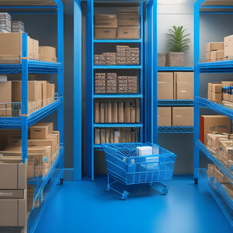 An illustration of a chaotic store shelf with OpenCart boxes and clutter, transitioning into a tidy WooCommerce shelf with organized products and a swoosh of blue arrows symbolizing migration.