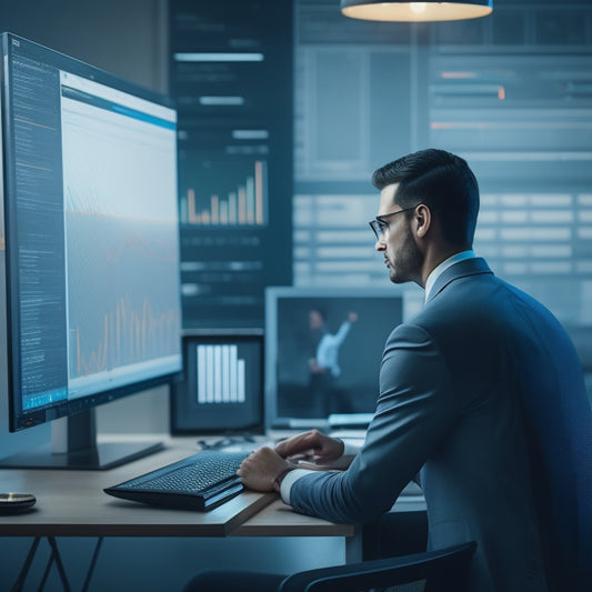 An illustration of a person standing in front of a large, transparent monitor displaying a graph with a sharp upward trend, surrounded by scattered coins and a faint background of a laptop and notebook.