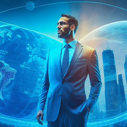 An illustration of a businessperson standing in front of a large, transparent globe, surrounded by swirling data streams and glowing blue circuits, with a futuristic cityscape in the background.