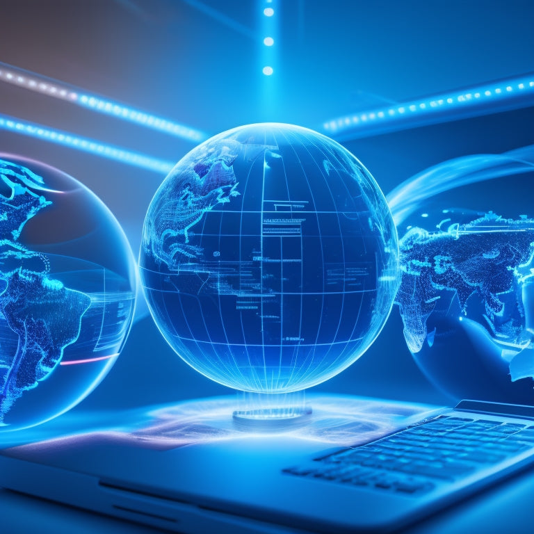 A globe with glowing blue lines and nodes, surrounded by various digital devices, including laptops, tablets, and smartphones, with digital files and icons floating around them, symbolizing global digital downloads.