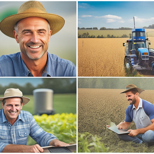 A split-screen image featuring a farmer in a field, surrounded by healthy crops and advanced farm equipment, with a tablet displaying a support dashboard on the left, and a smiling customer support representative on the right.