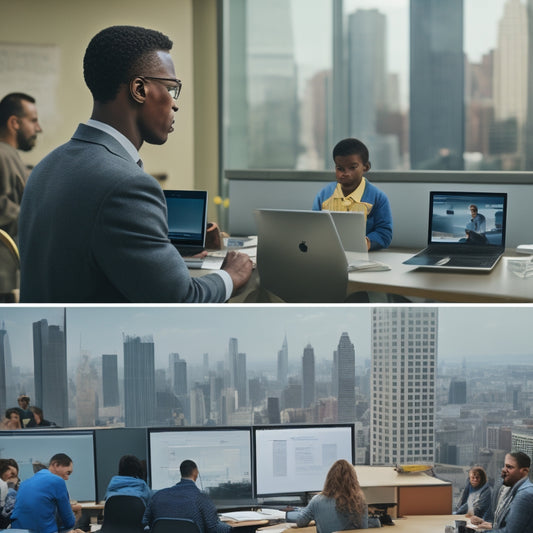 A split-screen composition featuring a person sitting in front of a laptop with a cityscape in the background, contrasted with a crowded classroom scene with a teacher standing at a blackboard.