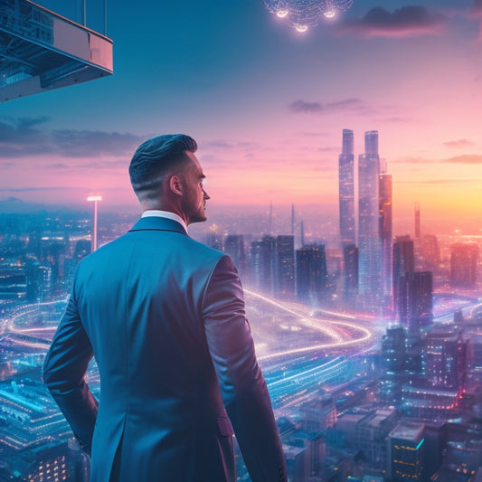 An illustration of a wholesale business owner standing in front of a cityscape at sunset, surrounded by swirling digital gears, circuits, and tablets, with a futuristic, neon-lit warehouse in the background.