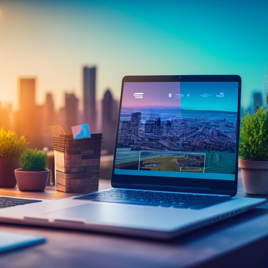 A minimalist illustration of a laptop and tablet surrounded by various ecommerce symbols, including a shopping cart, credit card, and analytics graph, set against a backdrop of rising sales charts and subtle cityscape outlines.