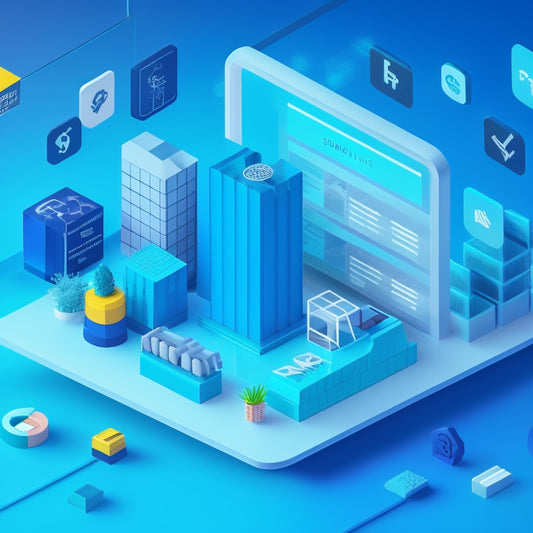 A stylized illustration of a virtual storefront with multiple platforms (Shopify, WordPress, etc.) as building blocks, with sales graphs and product icons swirling around, set against a bright, gradient blue background.