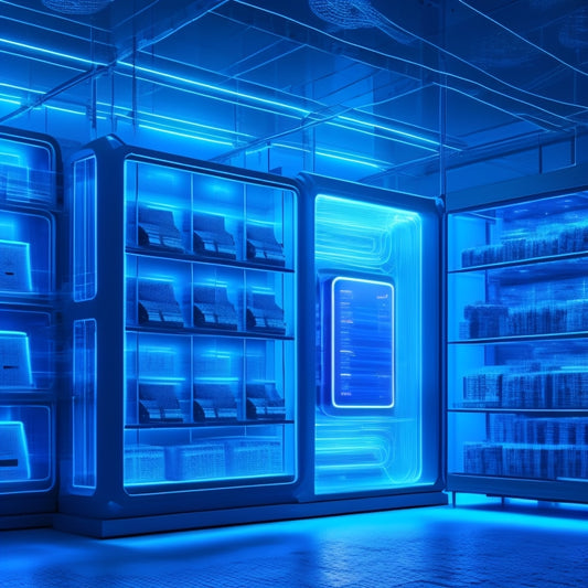 An illustration of a futuristic ecommerce storefront with glowing blue circuits and wires, surrounded by floating 3D models of products, with a subtle grid of 1s and 0s in the background.