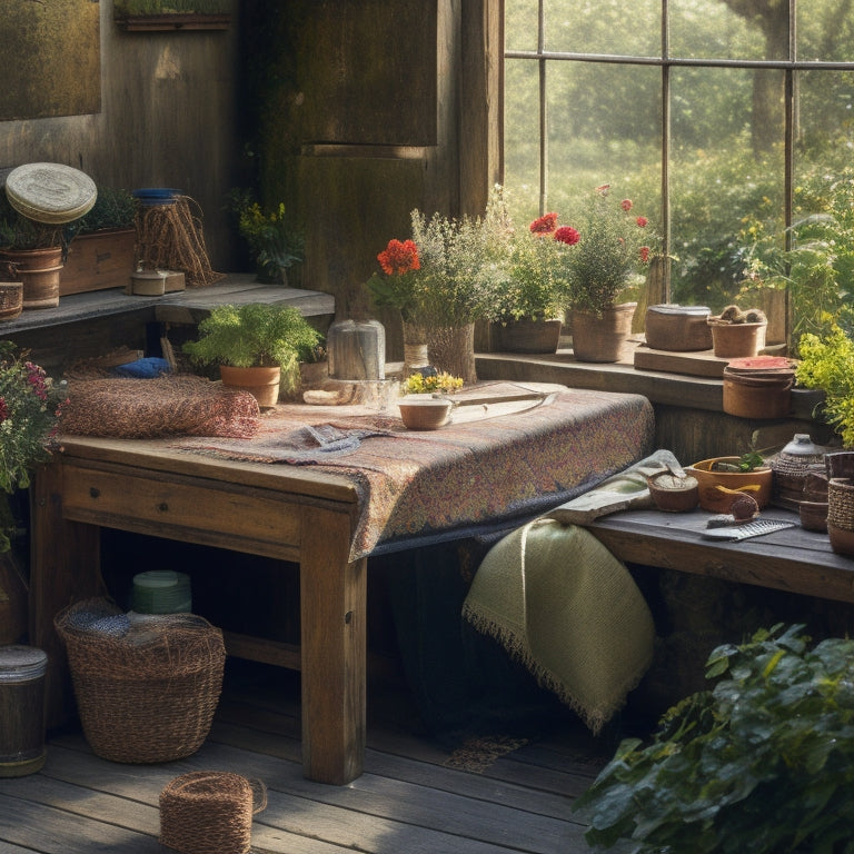 A serene, sun-drenched workshop scene: a wooden table cluttered with Merchant & Mills' vibrant fabrics, threads, and sewing notions, surrounded by lush greenery and a few strategically placed flowers.