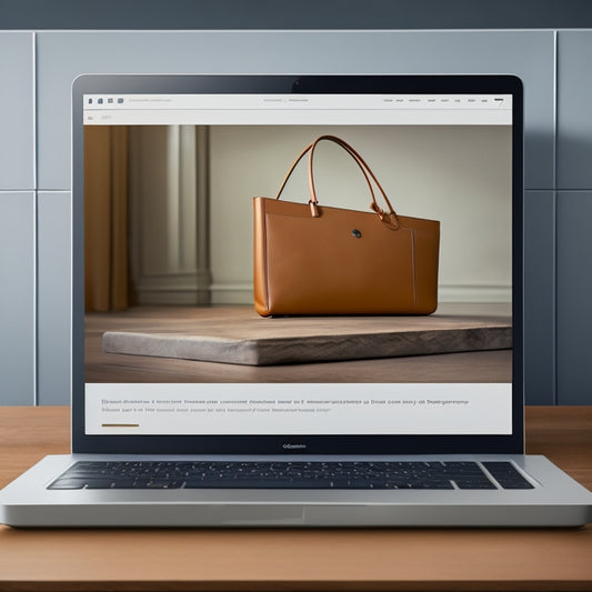Illustrate a sleek, modern laptop screen displaying a minimalist e-commerce website with a prominent search bar, categorized product tabs, and a streamlined checkout process icon.