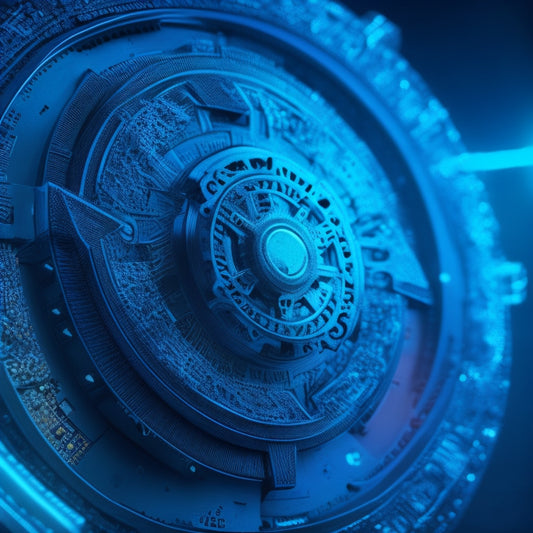 An intricate gear system with glowing blue accents, surrounded by rising arrows and ascending graphs, set against a dark blue background with subtle circuit board patterns.