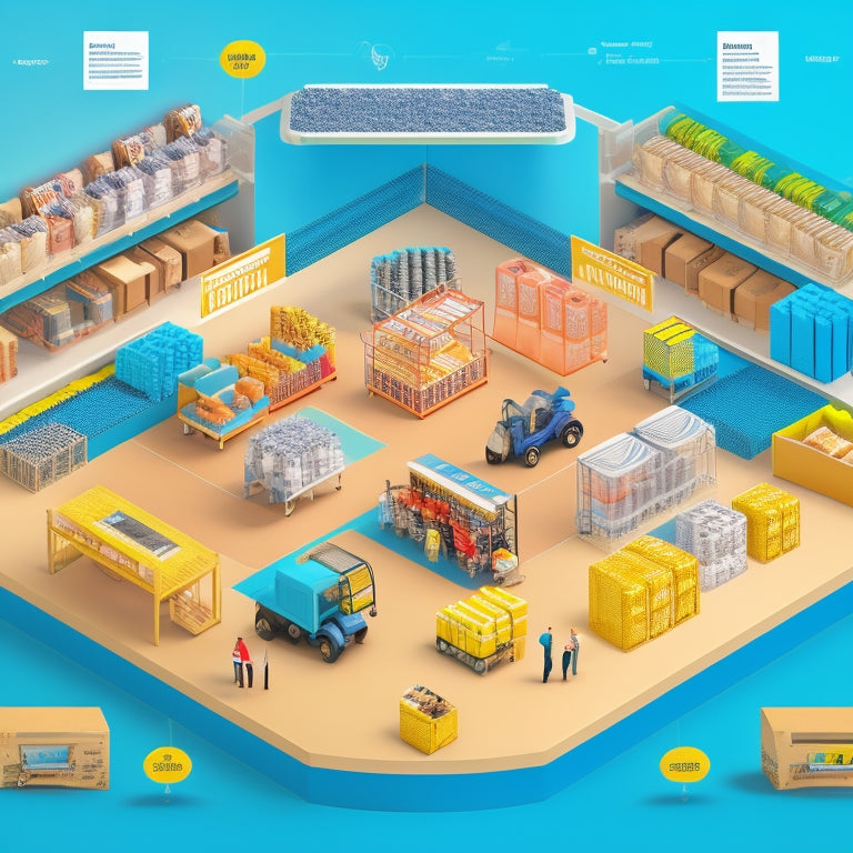 An illustration of a retail store with a seamless supply chain, featuring a conveyor belt with boxes and packages moving in harmony, surrounded by happy customers and efficient staff, with a subtle background of interconnected gears and cogs.