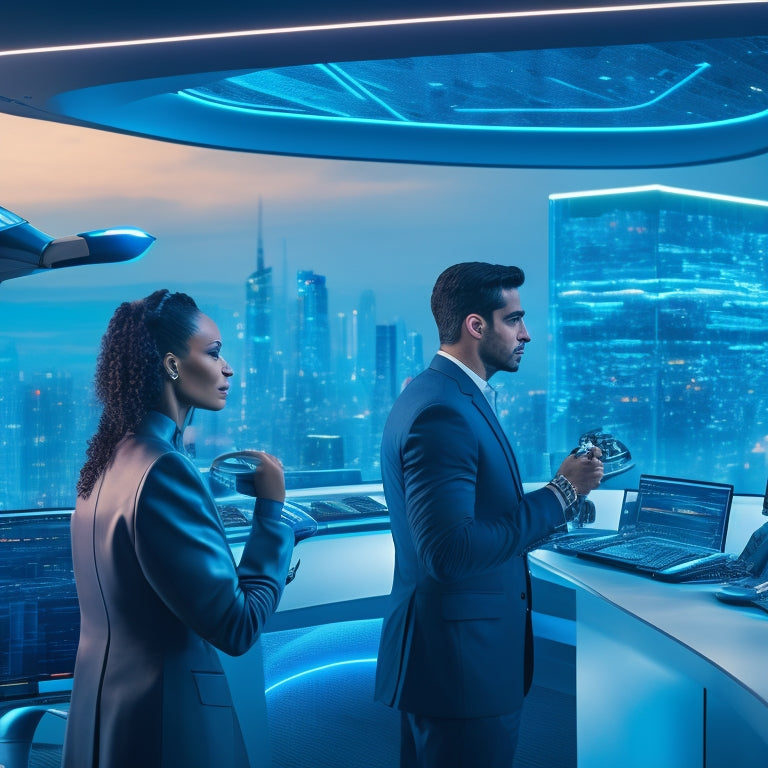 A futuristic customer service hub with sleek, curved screens displaying swirling AI patterns, a robotic arm assisting a human agent, and a cityscape backdrop with neon lights and flying drones.