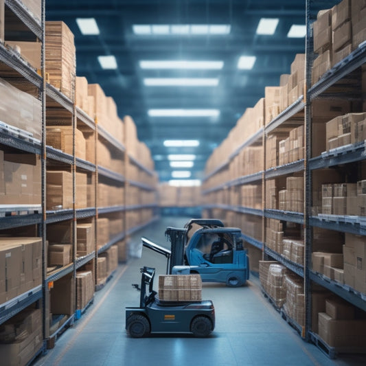 A stylized, modern warehouse interior with rows of shelved boxes, a forklift, and pallets. In the foreground, a magnifying glass hovers above a clipboard with a shipping manifest, surrounded by scattered e-commerce icons.