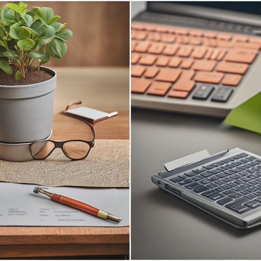 A split-screen image featuring a laptop with a spreadsheet open on the screen, surrounded by scattered papers and a pair of glasses, next to a growing plant with a miniature ROI calculator on its soil.