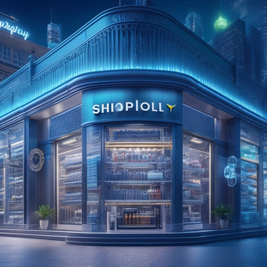 A futuristic, high-tech illustration of a Shopify storefront merged with a blueprint background, featuring interconnected gears, cogs, and circuits symbolizing seamless integration and data flow.