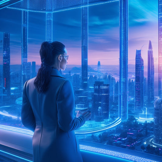 A futuristic, neon-lit cityscape with sleek, modern buildings, where 3D customer avatars interact with virtual shopping assistants, surrounded by swirling patterns of data and code.