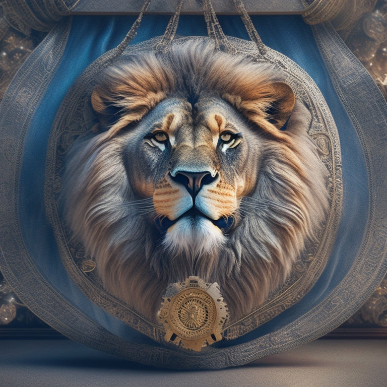 A stylized illustration of a majestic lion's head emerging from a shopping bag, with gears and cogs visible beneath its regal mane, surrounded by swirling patterns of code and e-commerce symbols.