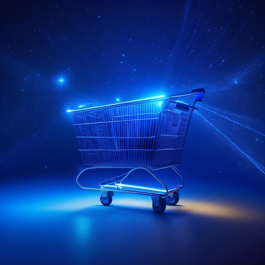 A futuristic, minimalist illustration of a shopping cart overflowing with products, surrounded by glowing, interconnected nodes and lines, set against a dark blue background with subtle, shimmering stars.