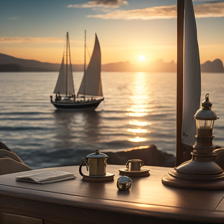 A serene background of calm ocean waters during sunrise, with a sailboat in the distance, and a prominent foreground featuring a desk with a navigation chart, a pair of binoculars, and a captain's hat.