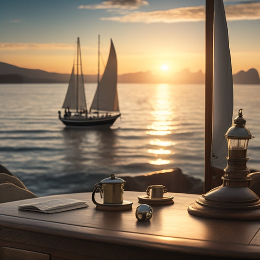 A serene background of calm ocean waters during sunrise, with a sailboat in the distance, and a prominent foreground featuring a desk with a navigation chart, a pair of binoculars, and a captain's hat.
