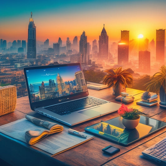 A stylized illustration of the Mumbai cityscape at sunset, with a laptop and a smartphone in the foreground, surrounded by icons of digital marketing tools and a subtle grid of ones and zeros.