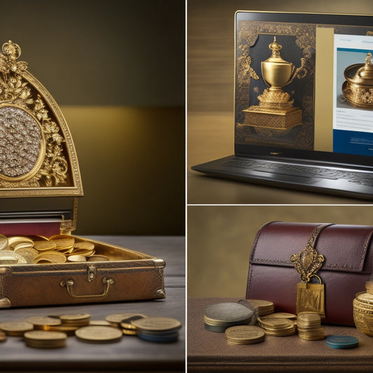 A split-screen image featuring a digital scale with a laptop and online course icons on one side, and a treasure chest overflowing with coins and jewels on the other, set against a blurred ecommerce website background.