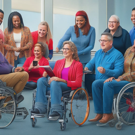 An illustration of a diverse group of people with disabilities, such as wheelchair users, sign language interpreters, and screen readers, seamlessly engaging with digital devices and e-learning platforms.