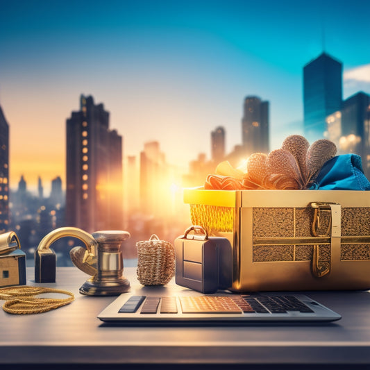 A golden key unlocking a treasure chest overflowing with shopping bags, surrounded by rising graphs, laptops, and mobile devices on a blurred cityscape background, symbolizing e-commerce success.