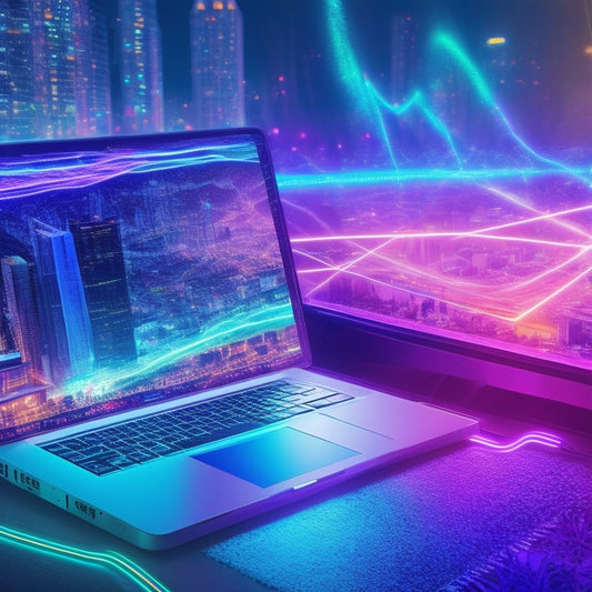 An illustration of a laptop and smartphone surrounded by swirling arrows, connecting nodes, and glowing circuits, conveying speed, efficiency, and global connectivity in a vibrant, neon-lit cityscape.