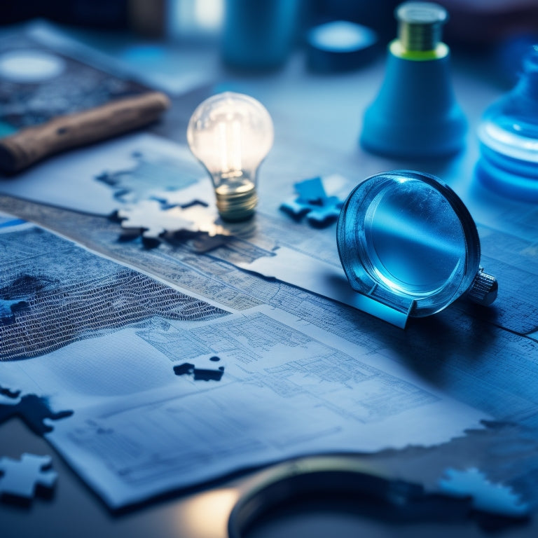 A torn and crumpled blueprint with a magnifying glass hovering above, revealing a subtle ecommerce website layout in the background, surrounded by shattered light bulbs and broken puzzle pieces.