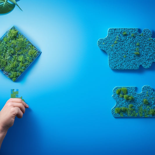 An illustration of a person holding a puzzle piece that fits perfectly into a larger customer-shaped puzzle board, surrounded by growing plants and ascending arrows, set against a bright blue background.