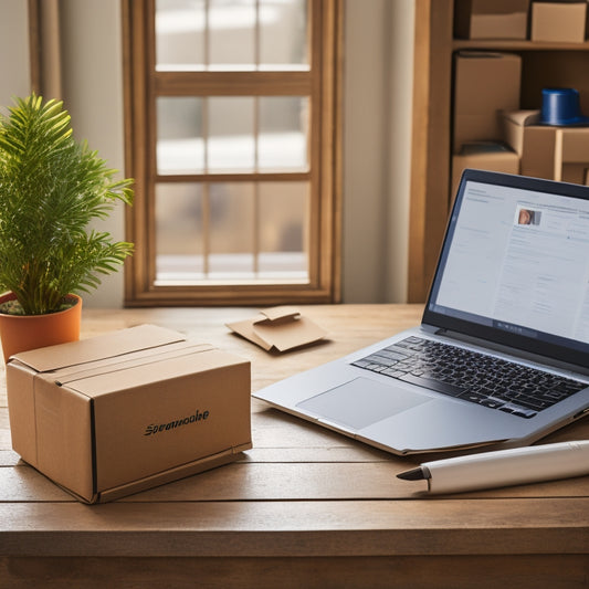 An illustration of a streamlined shipping process: a laptop with a USPS Label Broker screen, surrounded by neatly stacked cardboard boxes, a roll of shipping labels, and a few pens, all set against a clean, minimalist background.