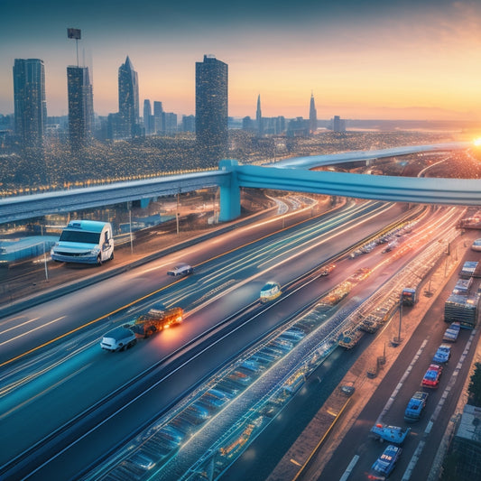 An illustration of a growing gear emerging from a cityscape, with cars and trucks moving in harmony, surrounded by rising charts and graphs, amidst a subtle grid of road networks and digital circuits.