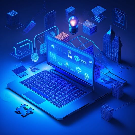 A stylized illustration of a laptop surrounded by various ecommerce icons (shopping carts, packages, etc.) with glowing lightbulbs and puzzle pieces connecting them, set against a dark blue background with subtle grid patterns.