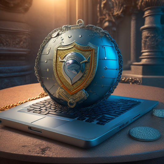 A shield with a laptop and lock combination in the center, surrounded by a circle of broken chains, with a faint globe in the background, conveying security and freedom from digital theft.