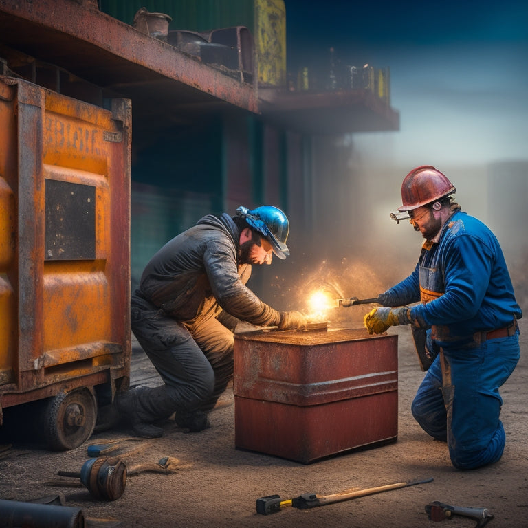 A worn, rusty steel shipping container with a large dent and hole, surrounded by scattered tools and welding equipment, with a worker in the background, torch in hand, fixing the damage.