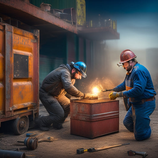 A worn, rusty steel shipping container with a large dent and hole, surrounded by scattered tools and welding equipment, with a worker in the background, torch in hand, fixing the damage.