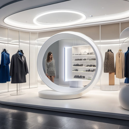 A futuristic retail store with sleek, minimalist shelves and a large, circular smart mirror displaying a 3D virtual model of a fashion item, surrounded by blurred shoppers interacting with Syte's AI-powered interfaces.