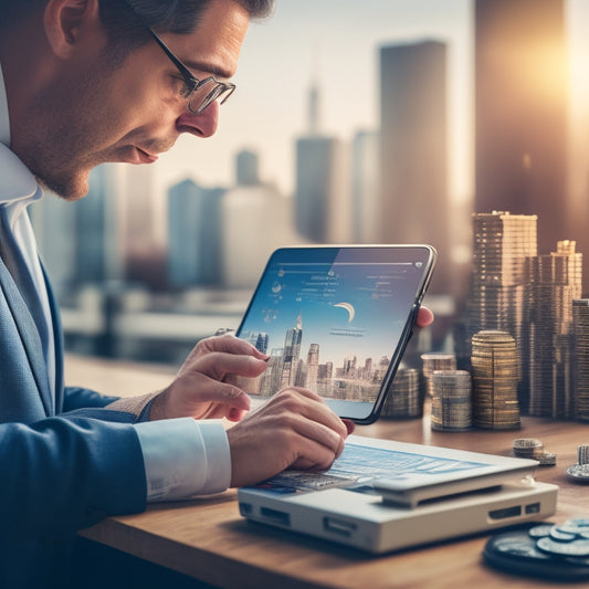 An illustration of a person holding a tablet with a cityscape in the background, surrounded by coins, piggy banks, and miniature houses, with a subtle grid of financial charts and graphs overlay.